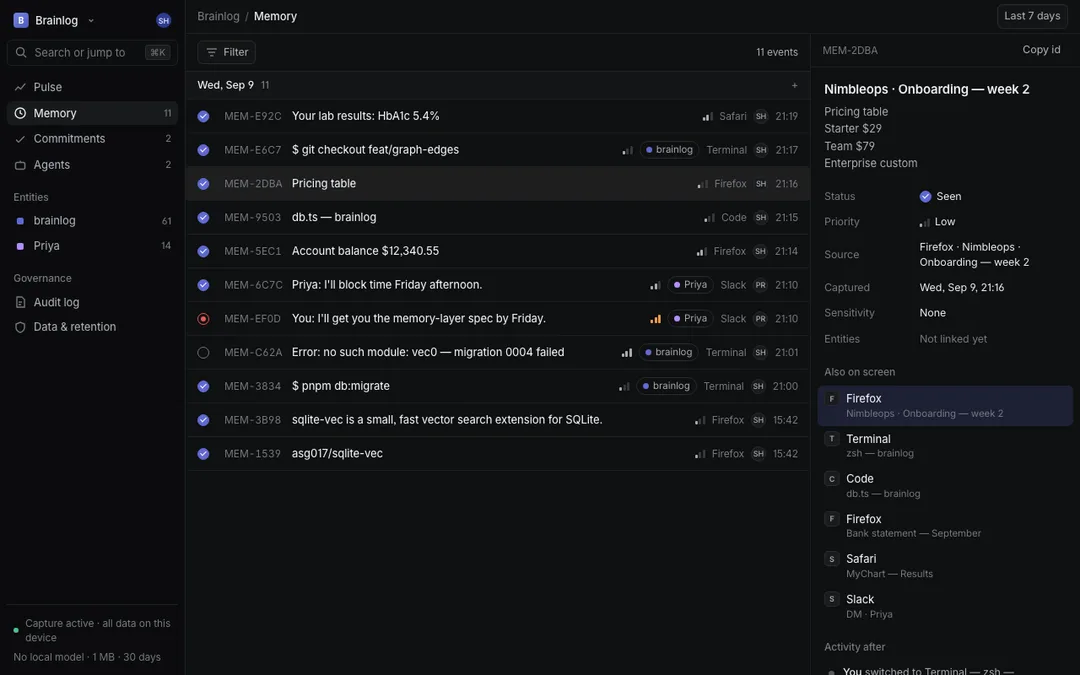 Brainlogs memory view: a day's captured events, with the selected terminal error and everything that was on screen at that moment